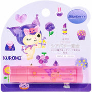 Kuromi-themed lip stick packaging with blueberry flavor on a purple background