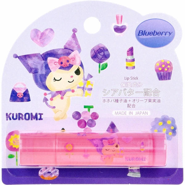 Kuromi-themed lip stick packaging with blueberry flavor on a purple background