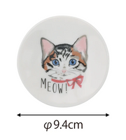 Round object with a cat illustration and 'MEOW!' text, size indicated as 9.4cm.