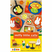 Miffy Little Cafe toy set packaging with various food items and furniture on a wooden table.