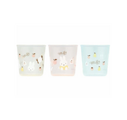 Three small glass cups with animal illustrations and 'Miffy' text on a white background