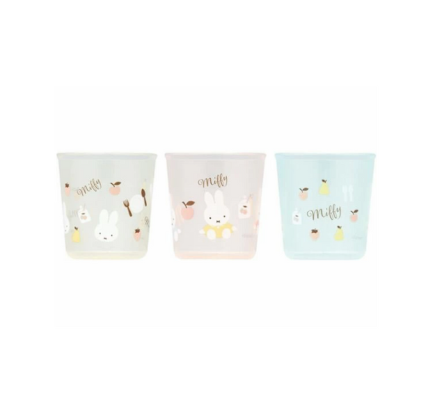 Three small glass cups with animal illustrations and 'Miffy' text on a white background