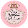 Logo of Cozy Kawaii Palace with a crown and decorative elements on a pink background