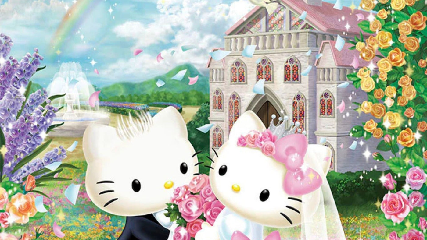 Two cartoon cats in wedding attire with a castle and flowers in the background