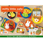 Miffy-themed cafe set with food items and decor on a wooden surface, featuring the brand 'miffy little cafe'.